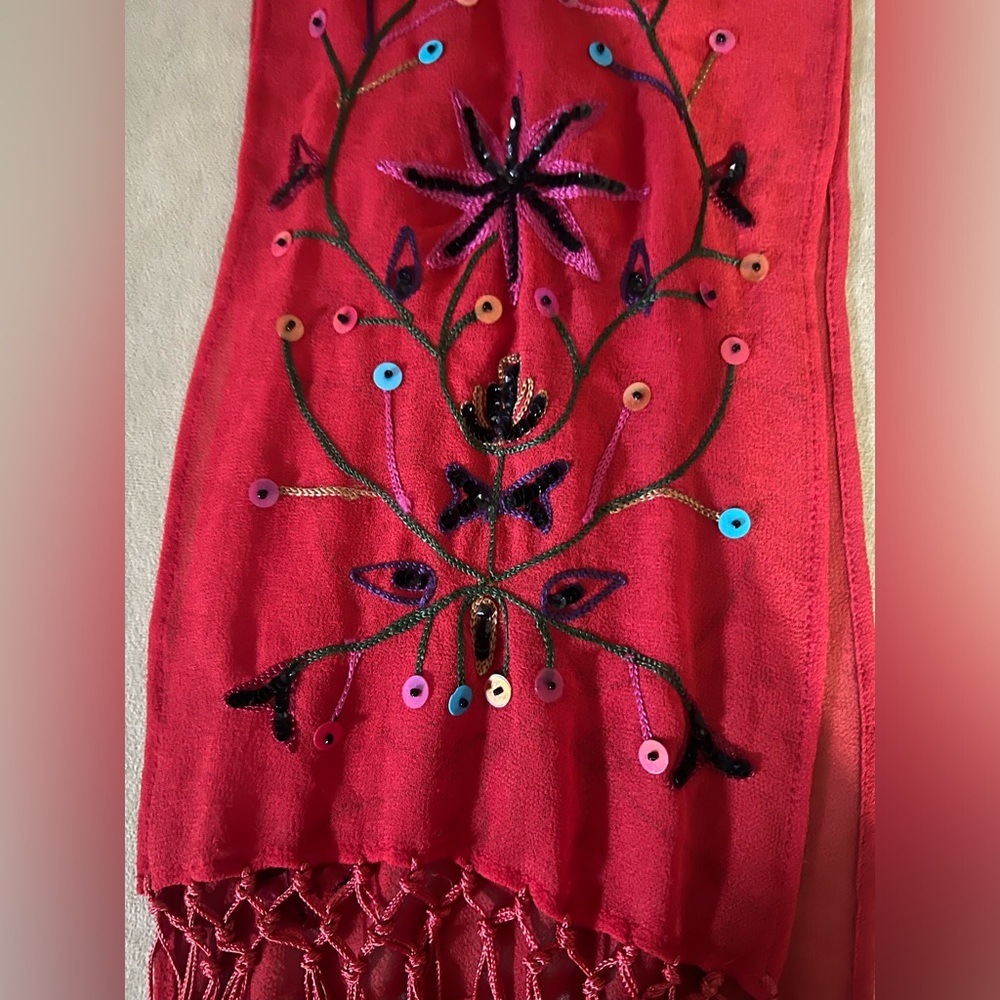 Long Sheer Scarf - Embroidered  and Embellished Floral!